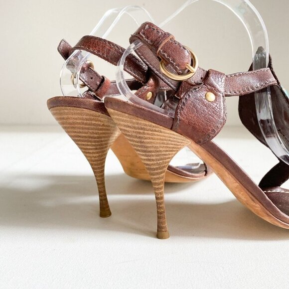 MIU MIU Brown Leather  Faux Turquoise High Heel Sandals 38.5 - Picture 5 of 8